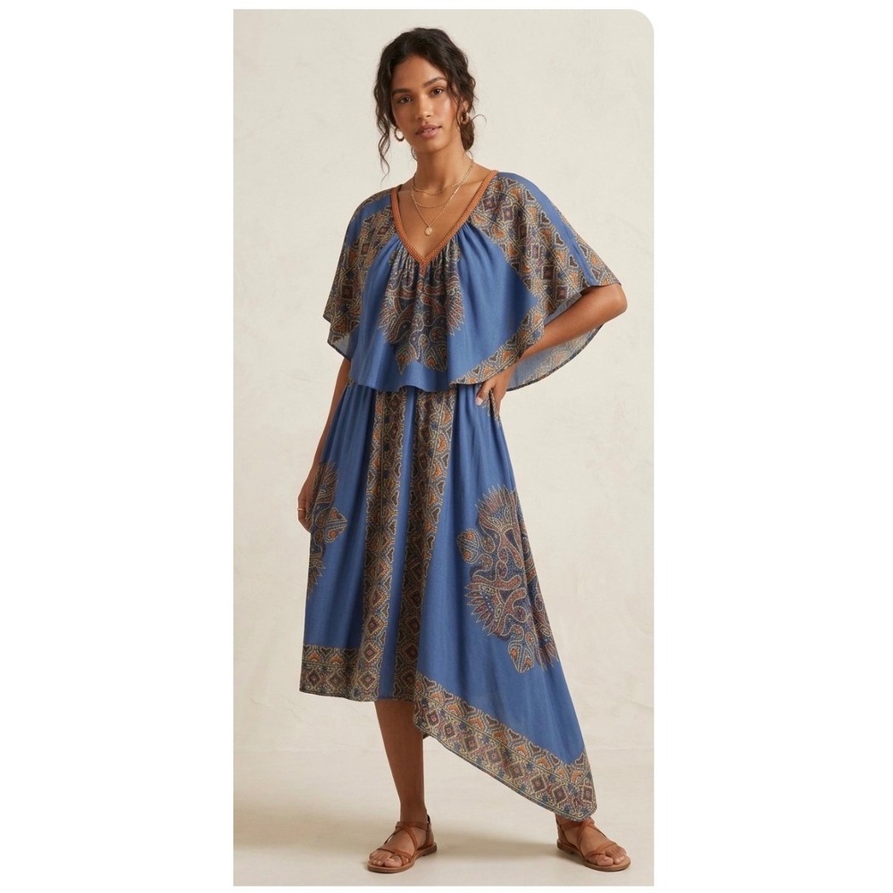 Live and Let Live Blue Geometric Print Asymmetrical Midi Dress Medium